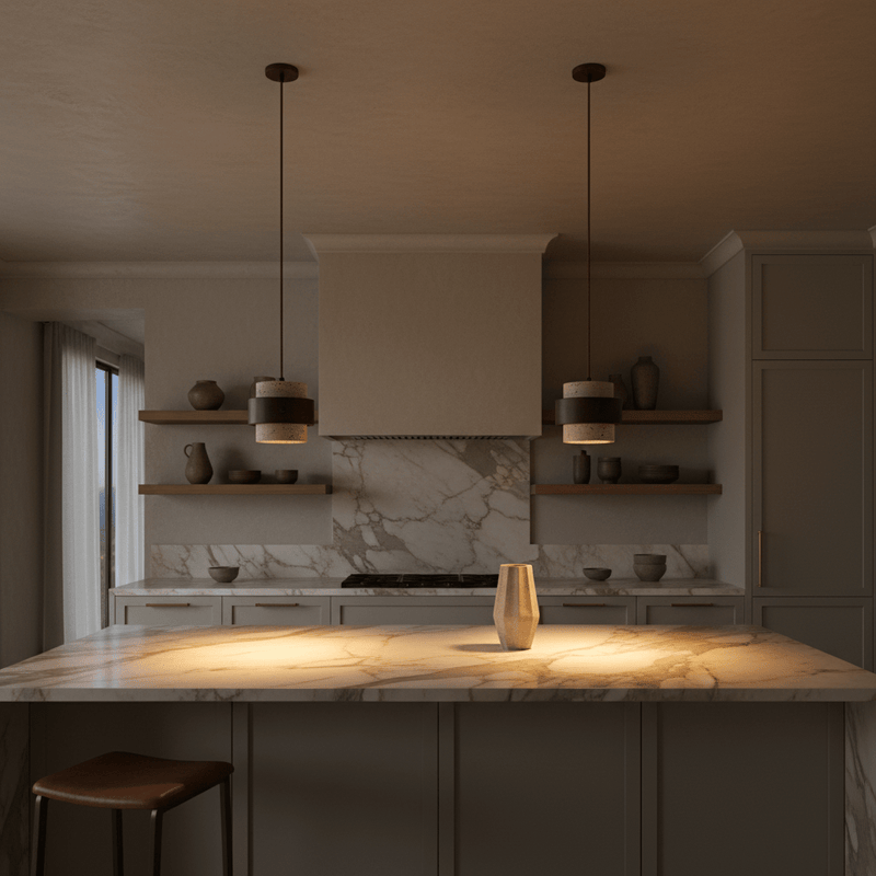Travertine Stone & Wood Cylindrical Pendant Light - lighting | Zaevia