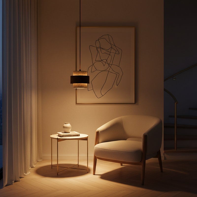 Travertine Stone & Wood Cylindrical Pendant Light