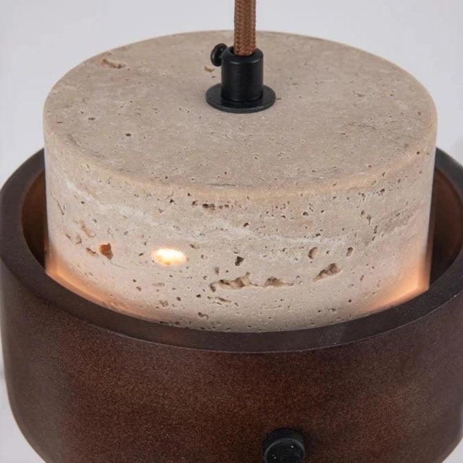 Travertine Stone & Wood Cylindrical Pendant Light