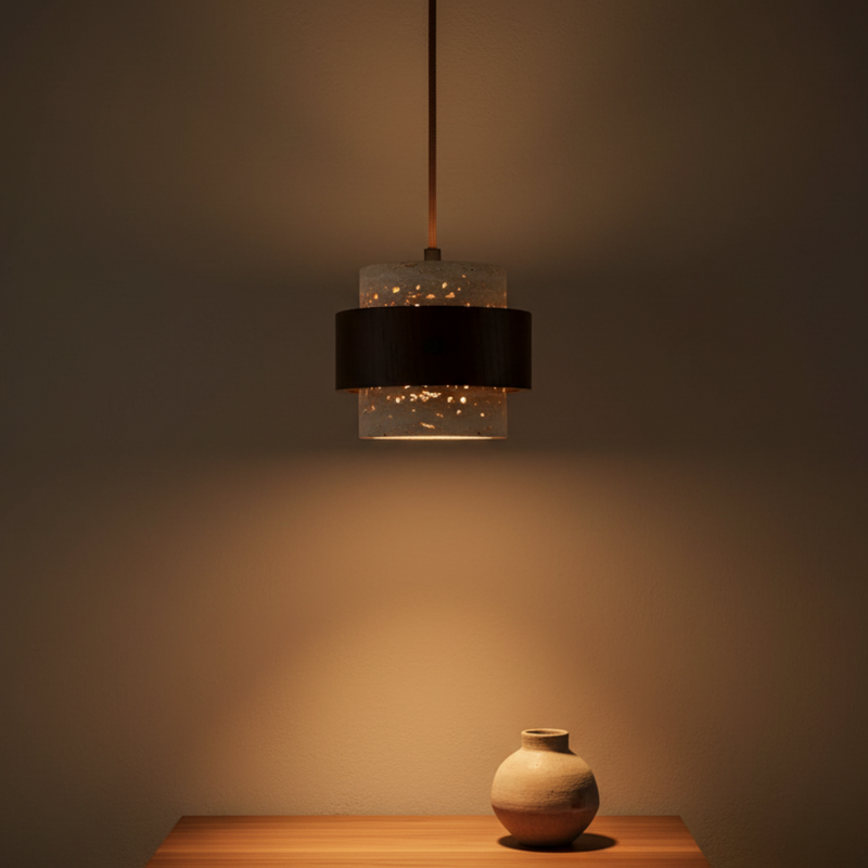 Travertine Stone & Wood Cylindrical Pendant Light