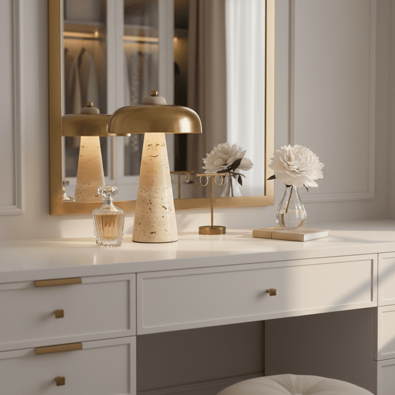 Zaevia Elara Travertine Table Lamp – Natural Stone Mushroom Light - | Zaevia