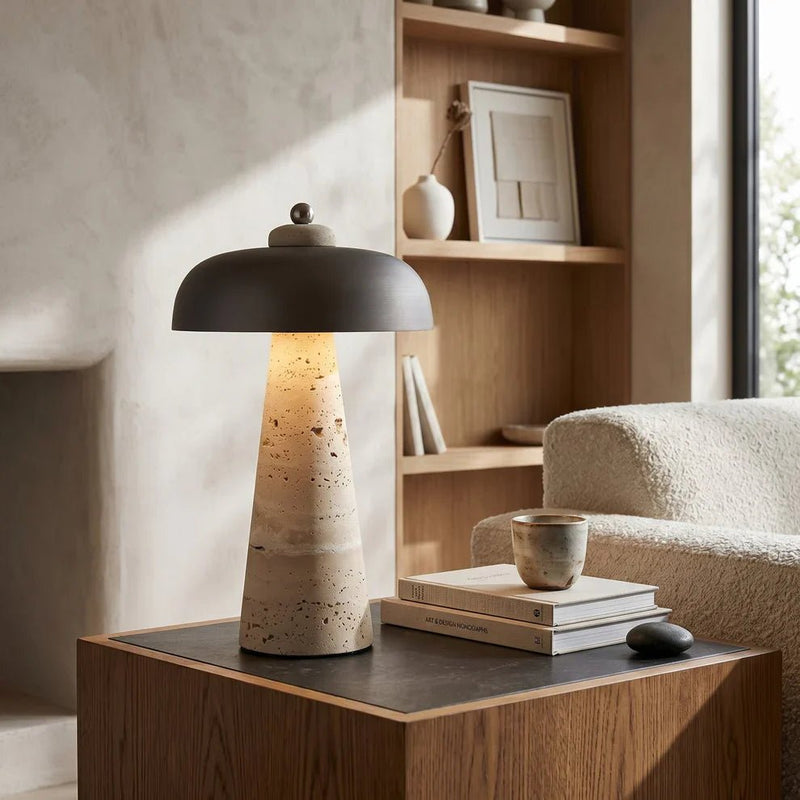 Zaevia Elara Travertine Table Lamp – Natural Stone Mushroom Light - | Zaevia
