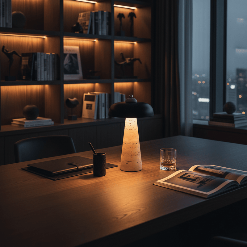 Zaevia Elara Travertine Table Lamp – Natural Stone Mushroom Light - | Zaevia