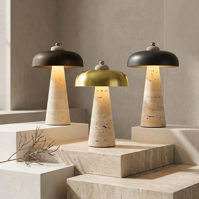 Zaevia Elara Travertine Table Lamp – Natural Stone Mushroom Light - | Zaevia