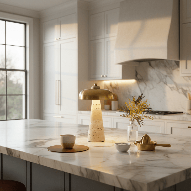 Zaevia Elara Travertine Table Lamp – Natural Stone Mushroom Light - | Zaevia