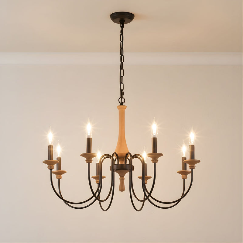 Zaevia Wood and Iron Candelabra Chandelier French Country Farmhouse Hardwired Ceiling Light - chandelier | Zaevia