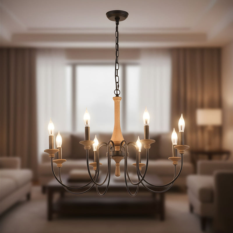 Zaevia Wood and Iron Candelabra Chandelier French Country Farmhouse Hardwired Ceiling Light - chandelier | Zaevia