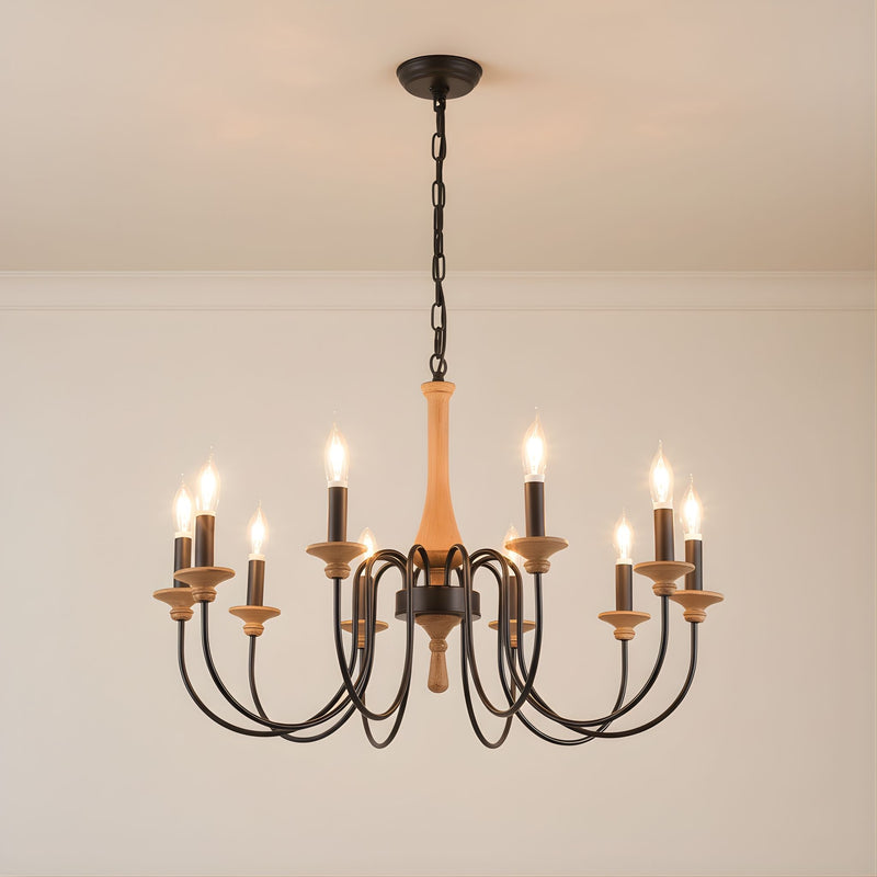 Zaevia Wood and Iron Candelabra Chandelier French Country Farmhouse Hardwired Ceiling Light - chandelier | Zaevia