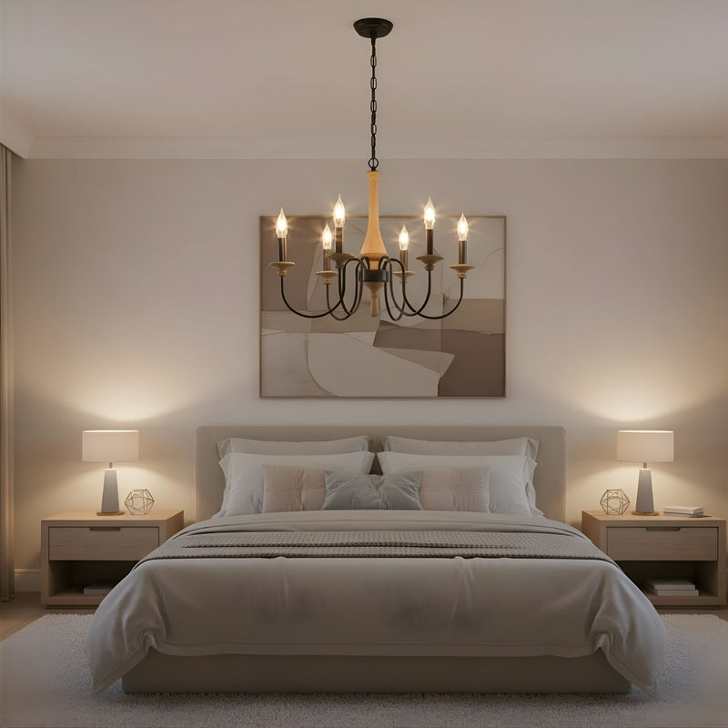 Zaevia Wood and Iron Candelabra Chandelier French Country Farmhouse Hardwired Ceiling Light - chandelier | Zaevia