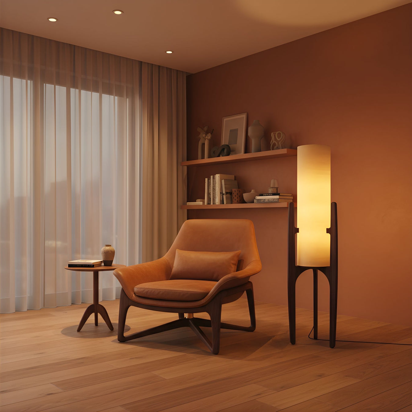 Zaevia Sculptural Wood Tripod Floor Lamp Fabric Cylinder Shade Japandi Organic Modern Standing Light - Floor lamp | Zaevia